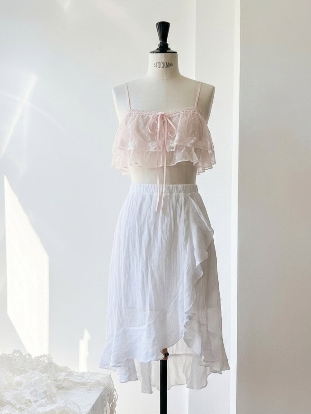 Vintage White Ruffled Midi Skirt - Lightweight Asymmetrical Hem